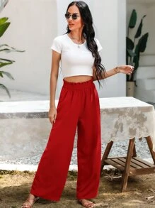 SHEIN Essnce Pantalones de pierna ancha con bolsillo oblicuo - Rojo - Ver 5