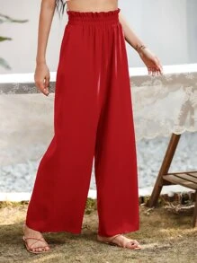 SHEIN Essnce Pantalones de pierna ancha con bolsillo oblicuo - Rojo - Ver 6