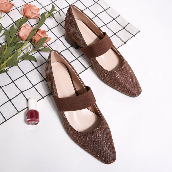 

Glitter Chunky Heeled Court Pumps, Brown