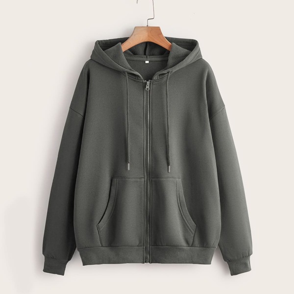 

Solid Drawstring Zip Up Drop Shoulder Hoodie, Dark grey