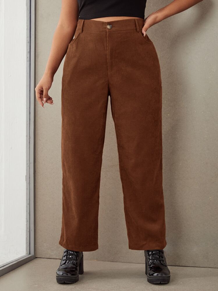 SHEIN EZwear 纯色灯芯绒阔腿裤，适合冬季 - 鏽棕色 - 查看 1