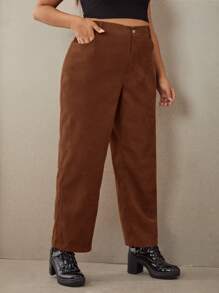 SHEIN EZwear Plus Solid Wide Leg Corduroy Trousers - Rust Brown - View 3