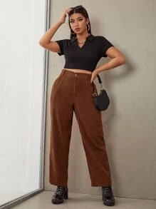 SHEIN EZwear Plus Solid Wide Leg Corduroy Trousers - Rust Brown - View 4