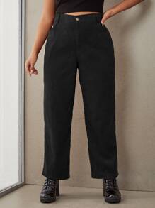 SHEIN EZwear Plus Solid Wide Leg Corduroy Trousers - Black - View 1