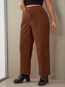SHEIN EZwear Plus Solid Wide Leg Corduroy Trousers - Rust Brown - View 5