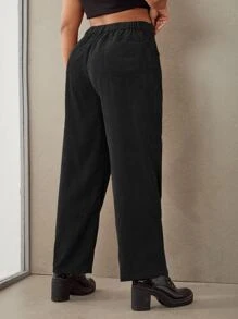 SHEIN EZwear Plus Solid Wide Leg Corduroy Trousers - Black - View 2