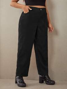 SHEIN EZwear Plus Solid Wide Leg Corduroy Trousers - Black - View 3