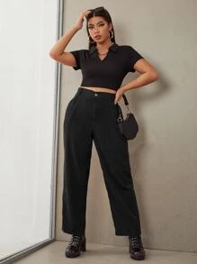 SHEIN EZwear Plus Solid Wide Leg Corduroy Trousers - Black - View 4