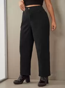 SHEIN EZwear Plus Solid Wide Leg Corduroy Trousers - Black - View 5