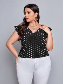 大碼波卡圓點後綁帶荷葉袖襯衫 - 黑色 - 查看 2