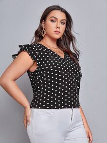 大碼波卡圓點後綁帶荷葉袖襯衫 - 黑色 - 查看 3