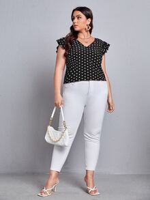 大碼波卡圓點後綁帶荷葉袖襯衫 - 黑色 - 查看 4