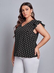 大碼波卡圓點後綁帶荷葉袖襯衫 - 黑色 - 查看 5