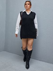 Flirla Plus Split Hem Cable Knit Sweater Vest Without Blouse Winter Fall Autumn - Black - View 1