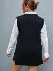 Flirla Plus Split Hem Cable Knit Sweater Vest Without Blouse Winter Fall Autumn - Black - View 2