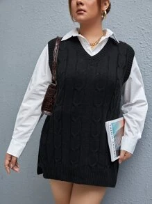 Flirla Plus Split Hem Cable Knit Sweater Vest Without Blouse Winter Fall Autumn - Black - View 3