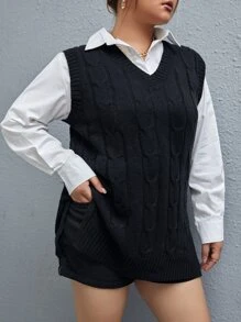 Flirla Plus Split Hem Cable Knit Sweater Vest Without Blouse Winter Fall Autumn - Black - View 4