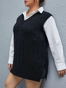 Flirla Plus Split Hem Cable Knit Sweater Vest Without Blouse Winter Fall Autumn - Black - View 5