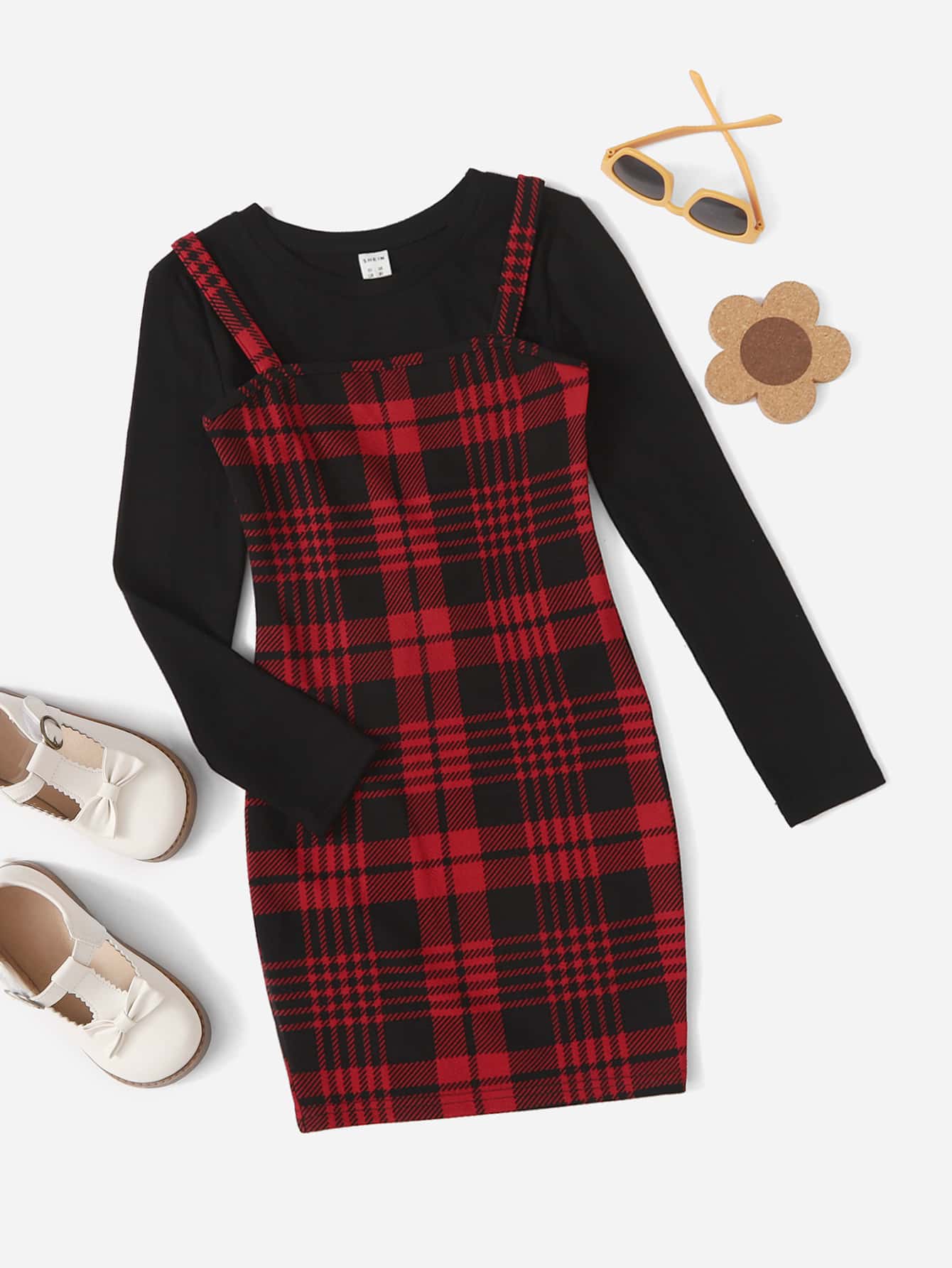 SHEIN 青少女休閒純色長袖格紋印花吊帶裙和T恤 - 紅色 - 查看 1