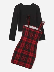 SHEIN 青少女休閒純色長袖格紋印花吊帶裙和T恤 - 紅色 - 查看 2