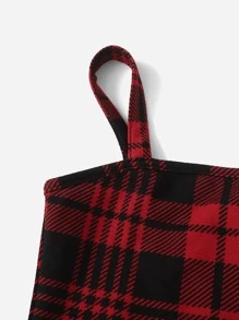 SHEIN 青少女休閒純色長袖格紋印花吊帶裙和T恤 - 紅色 - 查看 4