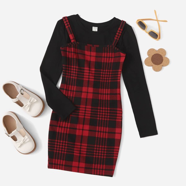 

Girls Plaid Print Cami Dress & Tee, Multicolor