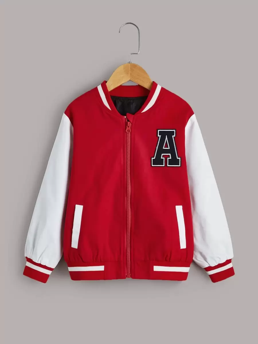 SHEIN Boys Letter Patched Striped Trim Bomber Jacket - Red and White - View 1