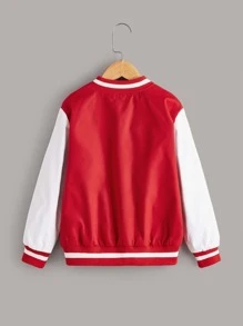 SHEIN Boys Letter Patched Striped Trim Bomber Jacket - Red and White - View 2