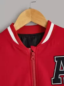 SHEIN Boys Letter Patched Striped Trim Bomber Jacket - Red and White - View 4