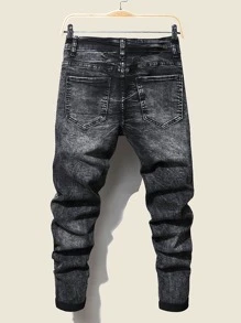 Manfinity Hombres Jeans desgarro pintura con estampado - Gris Oscuro - Ver 2