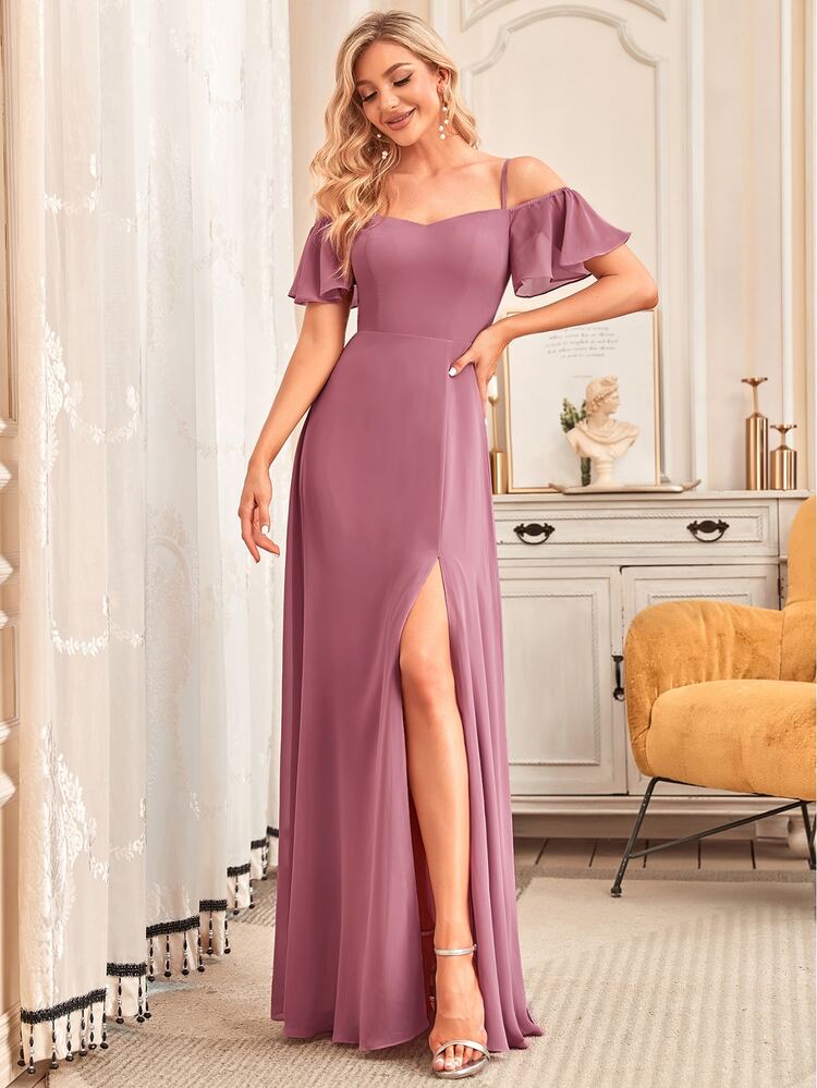 EVERPRETTY Gentle And Elegant Off-Shoulder Chiffon Light Pink Bridesmaid Dress, Suitable For Weddings And Graduation Ceremonies - Dusty Pink - View 1