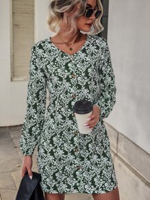 Allover Floral Print Lantern Sleeve Dress - Multicolor - View 1