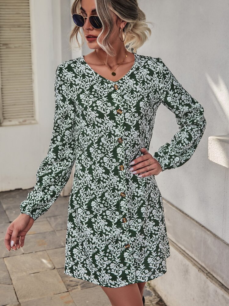 Allover Floral Print Lantern Sleeve Dress - Multicolor - View 3