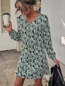 Allover Floral Print Lantern Sleeve Dress - Multicolor - View 4