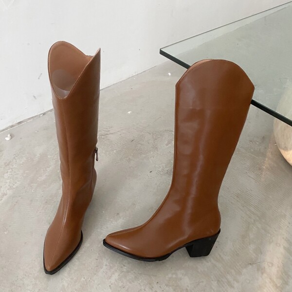 

Side Zip Chunky Heeled Western Boots, Chocolate brown