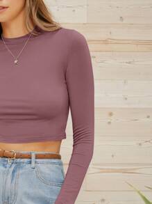 SHEIN Essnce Form-Fitting Long Sleeve Crop Top - Mauve Purple - View 3