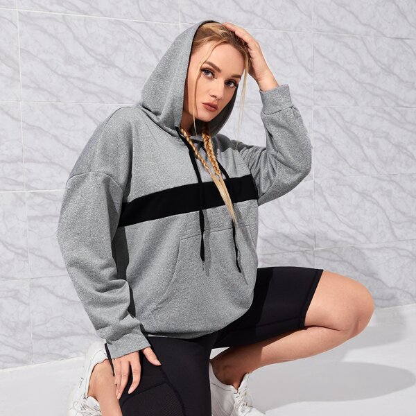 

Plus Contrast Panel Drawstring Drop Shoulder Kangaroo Pocket Sports Hoodie, Light grey
