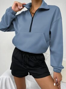 SHEIN Unity Dropped Shoulder Long Sleeve Half-Zip Cropped Casual Fashion Jacket - Dusty Blue - View 1