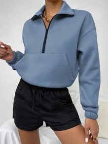 SHEIN Unity Dropped Shoulder Long Sleeve Half-Zip Cropped Casual Fashion Jacket - Dusty Blue - View 3