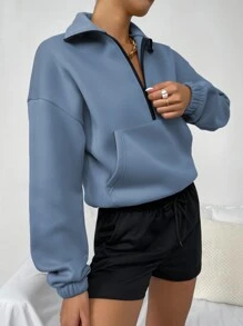 SHEIN Unity Dropped Shoulder Long Sleeve Half-Zip Cropped Casual Fashion Jacket - Dusty Blue - View 6