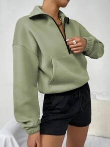 Flirla 袋鼠口袋落肩半拉链保暖套头衫、长袖上衣 - 青檸色 - 查看 4