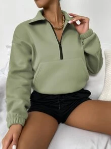 Flirla 袋鼠口袋落肩半拉链保暖套头衫、长袖上衣 - 青檸色 - 查看 5