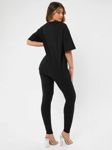 SHEIN SXY 纯色落肩 T 恤和紧身裤女式两件套 - 黑色 - 查看 2
