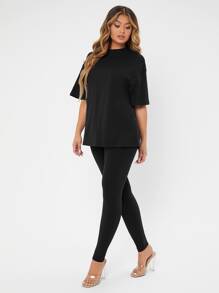 SHEIN SXY 纯色落肩 T 恤和紧身裤女式两件套 - 黑色 - 查看 3