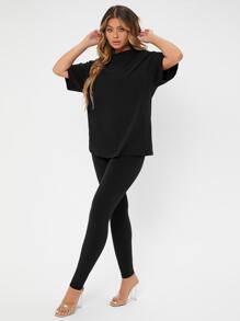 SHEIN SXY 纯色落肩 T 恤和紧身裤女式两件套 - 黑色 - 查看 4