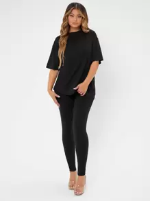 SHEIN SXY 纯色落肩 T 恤和紧身裤女式两件套 - 黑色 - 查看 5