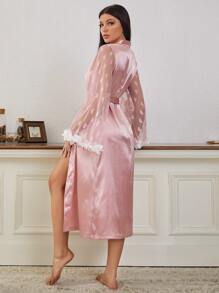 Bata de noche en contraste con corazón de malla aplique puño con cinturón de satén - Rosa Pálido - Ver 2