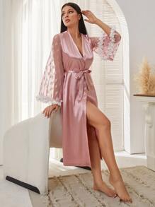 Bata de noche en contraste con corazón de malla aplique puño con cinturón de satén - Rosa Pálido - Ver 6