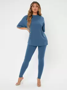 SHEIN SXY Solid Drop Shoulder Tee & Leggings - Dusty Blue - View 1