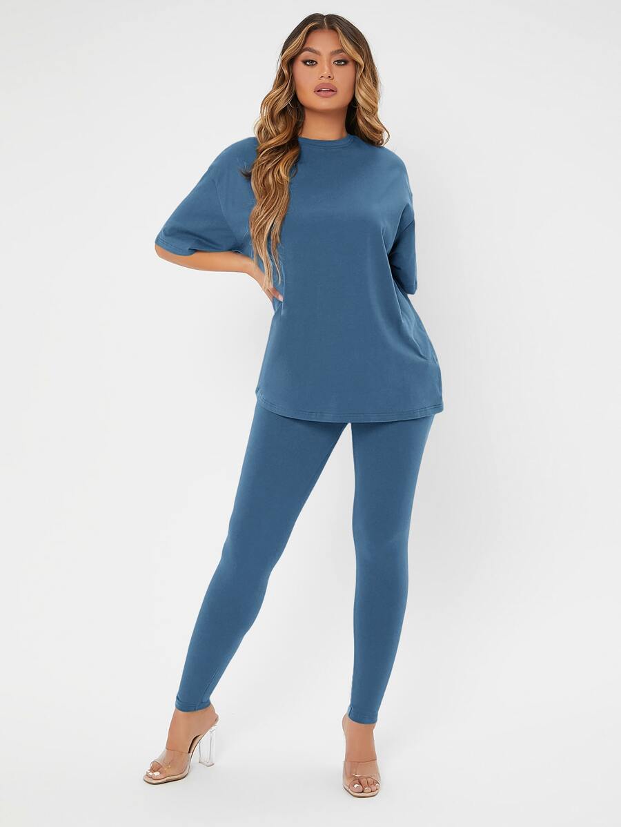 SHEIN SXY Solid Drop Shoulder Tee & Leggings - Dusty Blue - View 1